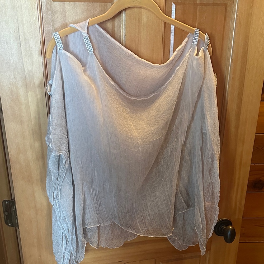 Crepe Elegant Cold-Shoulder Women’s Top in Light Taupe with Rhinestone Straps